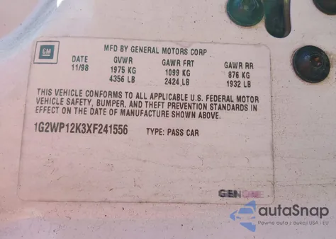 1999 Pontiac Grand Prix Gt z USA, uszkodzony, nr VIN 1G2WP12K3XF241556